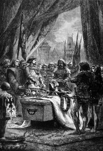 A kormányzó a Chateauneuf de Randon kulcsait Bertrand Du Guesclin (1320 - 1380) koporsójára helyezte, egy breton harcos és az angolok elleni francia hazafi. századi metszet. alkotó: Unknown artist