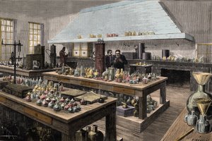 Louis Pasteur (1822-1895) francia kémikus és biológus nagyszerű laboratóriuma az Ecole Normale Superieure-ban - Louis Pasteur az Ecole Normale Superieure laboratóriumában - Meyer gravírozása 1884 alkotó: Unknown artist