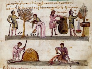 Az olajbogyó betakarítása, a méz előállítása és a bárányvágás Miniatűr a szíriai Oppian (Oppian vagy Oppianus) (Kr. u. III. század) Caracallának szentelt vadászfejéséből. 11. századi Velence. Biblioteca Marciana alkotó: Unknown artist