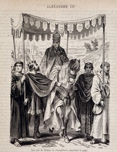 VII. Lajos francia (1120-1180) és Anglia királyai kísérik III. Sándor pápát – a „Histoire des popes” című könyvben, n.d. alkotó: Unknown artist