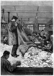 A nagy levéltáblák a párizsi Rue du Louvre-on található Hotel des Postes válogatóközpontjaiban. Metszet a „La jeunesse” folyóiratban alkotó: Unknown artist