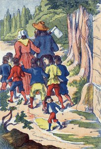 A kis tasak köveket vet az útjába. Illusztráció: Charles Perrault (1628-1703) francia író „Le Pepetit poucet” című meséje. Névtelen illusztráció. Képek Marcel Vagne, Jarville Nancy, dátum nélküli (19. század vége). alkotó: Unknown artist