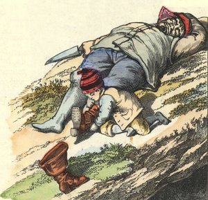 Az alvó ogre elől 7 helyről lopja el a csizmát a kis tasak. Illusztráció Charles Perrault „Le Petit Poucet” című meséjéhez alkotó: Unknown artist