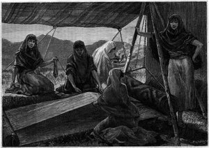 Perzsia nomád nők szőnyeggyártása. Metszet a „La jeunesse” folyóiratban alkotó: Unknown artist