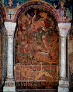 Saint Laurent (210/220-258) mártíromsága a grillen, Berze város freskóján halt meg. 11. század. Moines-kápolna, Berze la Ville alkotó: Unknown artist