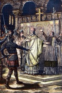 Becket Szent Tamás meggyilkolása a canterburyi katedrálisban, 1170. december 29-én, II. Henrik király udvarának lovagjai által (fametszet alkotó: Unknown artist