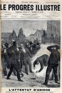A gyilkos, Clement Decoux az 1895. augusztus 4-i, a széntermelés élén fennállásának ötvenedik évfordulóját ünneplő Emile Vuillemin (1822-?) elleni támadási kísérlet áldozata lett. illusztrálja alkotó: Unknown artist
