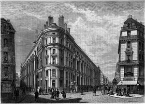 Az új Hotel des Postes a párizsi Rue du Louvre-n a rekonstrukció után. Metszet a „Youth” folyóiratban alkotó: Unknown artist