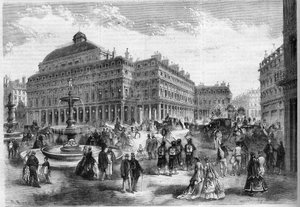 A francia színház (Comedie Francaise) új helye a szökőkutakkal a párizsi Palais Royalban (Palais Royal). Metszet a „” L