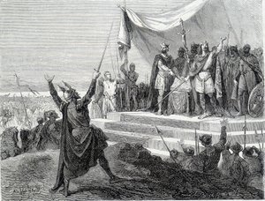 A két testvér esküje páncéljuk előtt: II. Kopasz Károly és II. Germán Lajos esküt tesz I. Lothaire ellen (Strasbourg-i eskü 842). századi metszet. alkotó: Unknown artist