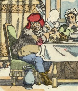 Az ogre az asztalnál érzi a kis Poucet és testvérei jelenlétét. Illusztráció Charles Perrault „Le Pepetit Poucet” című meséjéhez alkotó: Unknown artist