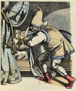 Az ogre fejét vágja hét lányának, akik azon gondolkoznak, hogy megöli a Kis Poulet-t és testvéreit. Illusztráció Charles Perrault „Le Petite Poucet” című meséjéhez alkotó: Unknown artist