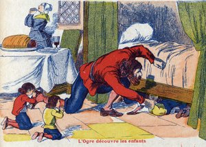 Az ogre felfedezi a gyerekeket. Illusztráció: Charles Perrault (1628-1703) francia író „Le Pepetit poucet” című meséje. Névtelen illusztráció. Képek Marcel Vagne, Jarville Nancy, dátum nélküli (19. század vége). alkotó: Unknown artist