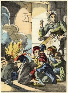 Az ogre felesége tűzzel fűti a Kis Poucet és testvéreit. Illusztráció Charles Perrault „Le Pepetit Poucet” című meséjéhez alkotó: Unknown artist