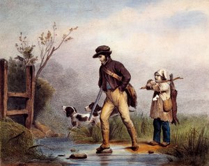 Az átjáróban a vadászok gyalog kelnek át egy vízfolyáson. századi Gien litográfiája, vadászati múzeum alkotó: Unknown artist