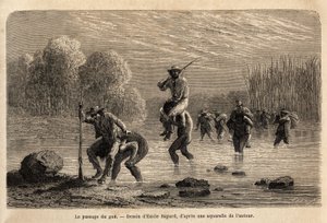 A gue átjárója, a Siriniris indiánok spontán javaslatot tesznek az expedíció tagjainak vállukra, hogy átkeljenek a Basiri-hegy (Peru) lábánál kialakult tavakon. Engravure pour illustrrer le voyage dans les vall alkotó: Unknown artist