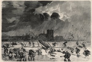 A móló a párizsi Saint Michel híd sarkán (Saint-Michel) a március 8-i hurrikán idején. Metszet a „The Universe illustrious” felirattal alkotó: Unknown artist