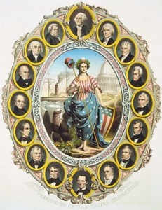 Az Egyesült Államok elnökei Amerika szimbólumával a közepén. Fel, Washington és le Abraham Lincoln. A plakát Lincoln elnökségének 1861-es beiktatásán jelent meg. Metszet 1861. alkotó: Unknown artist