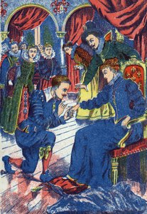 A herceg kipróbálja a szamárgyűrűt. Névtelen illusztrációja Charles Perrault (1628-1703) francia író „” Szamárbőr” című meséjéhez. Képek Marcel Vagne, Jarville Nancy, dátum nélküli (19. század vége). alkotó: Unknown artist