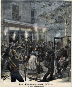 A Very étterem (24. Boulevard Magenta Párizsban) az anarchista, Francois Koenigstein dit Ravachol (1859-1892) 1892. március 30-i támadása által okozott robbanás után. A „” The Petity Journal” alkotó: Unknown artist