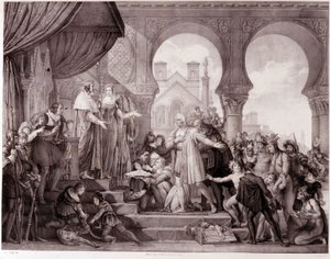 Kolumbusz Kristóf visszatérése Spanyolországba II. Ferdinánd aragóniai király és I. Izabella kasztíliai (katolikusnak nevezett) előtt Amerika felfedezése után. századi metszet. alkotó: Unknown artist
