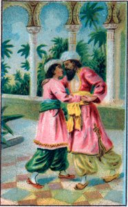 A herceg visszatérése. Mese „” Az elvarázsolt ló története””” az „Az ezeregy éjszaka””-ban (az 1001 éjszaka vagy Le mille e una notte, Arab éjszakák). A 19. század végének kromolitográfiája. alkotó: Unknown artist