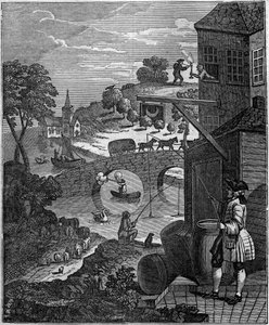 A nevetséges perspektíva William Hogarth (1697-1764) szatirikus illusztrációja, amely a festők perspektívájának művészetét gúnyolja ki azzal, hogy a tárgyak és személyek síkszintjeit a valóságban a távolságok miatt lehetetlenné teszi. alkotó: Unknown artist