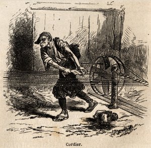 A kötélkészítő. Aime Humbert, a Svájci Államszövetség minisztere, a „Le tour du monde, nouveau Journal des voyages” című 1863–1864-es japán utazást illusztráló metszete Edouard Charton irányítása alatt jelent meg. alkotó: Unknown artist