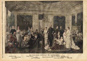 A középen ülő dán királyi család, Lujza hessen-kasseli királynő (1817-1898) és IX. Keresztény dán király (1818-1906) „Európa jóképű atyjának” becézték, mert több gyermekét örökösökhöz adta feleségül. a nagy királyi f alkotó: Unknown artist