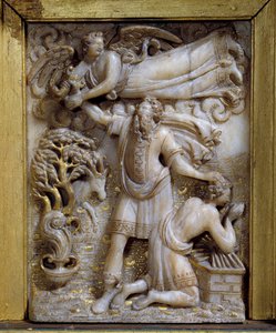 Ábrahám, az angyal áldozata megjelenik Ábrahámnak, hogy megmondja neki, hogy ne áldozza fel fiát, Izsákot. Alacsony dombormű elefántcsont medalionban. 15. század. Musee Vivenel, Compiegne alkotó: Unknown artist