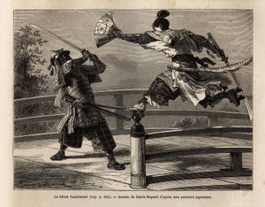 Yashitsune szamuráj egyensúlyban egy híd sorompóján, megtámad egy páncélos szamurájt. Aime Humbert, a Svájci Államszövetség miniszterének 1863–1864-es japán utazását illusztráló metszet a „Le tour du monde, nouveau Journal des voyages” című folyóiratban. alkotó: Unknown artist
