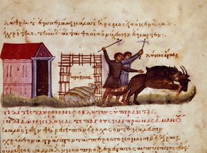 A pásztorok igyekeznek megvédeni a fenevadat a törpefarkasok támadásától a szíriai Oppian (Oppian vagy Oppianus) (Kr. u. 3. század) Caracallának szentelt „A cynegetics” vadászkereskedelméből. 11. századi Velence. Biblioteca Marciana alkotó: Unknown artist