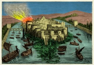 Párizs 845-ös ostroma a vikingek által Ragnar Lodbrokkal az élükön, Metszet XIX.