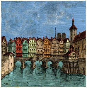 A kis híd, amely később a Pont au Change volt Párizsban a középkorban, Metszet XIX alkotó: Unknown artist
