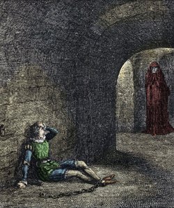 A torony kísértete A fogolyláncok egy börtönben szellemet látnak maga előtt. Illusztráció: William Harrison Ainsworth „A londoni torony” 19. század alkotó: Unknown artist