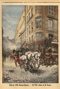 A párizsi tűzoltók gőzszivattyúja és járművei Busson úr festménye szerint. Metszet a „” Le petit journal”-ban 1896.03.05. Selva gyűjteménye. alkotó: Unknown artist