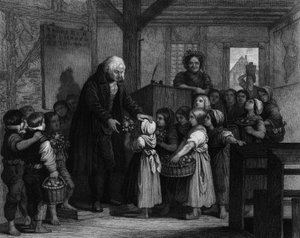 Egy osztály diákjai összejönnek, hogy virágot adjanak iskolai tanáruknak a születésnapján. századi metszet alkotó: Unknown artist