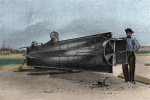 A CSS H. L. Hunley tengeralattjáró (tengeralattjáró), amelyet a Konföderációs Államok haditengerészete használt a szecessziós háború során. 1861-1865 19. századi metszet alkotó: Unknown artist