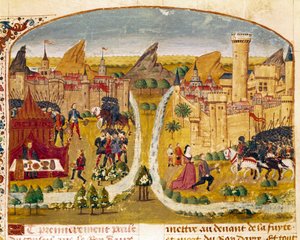 Egy mezopotámiai város feladása Miniatűr, amelyet Quintus Curtius Rufus (Quinte Curce) „” Nagy Sándor ténykönyvéből” vettek (1. század), 1468 körül. (Ms 1335) Reims. Városi Könyvtár alkotó: Unknown artist