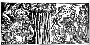 Nagy Szent Antal (vagy Remete Szent Antal vagy Apát Szent Antal) kísértései, jobb oldalon pedig az utána végzett vértanúság. A Voragine-i Jacobus (James) (1228-1298) metszete a „Leben der Heiligen - sommerteil”-ből (A szent könyve). L alkotó: Unknown artist