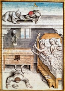 A tolvajt, aki betört egy házba, megbüntetik Miniatűr a „Kalila (Calila) és Dimna” meséinek német fordításából, Bidpaitól. (ms. 1389, fol. 4) 1480 körül Chantilly, Museum Conde alkotó: Unknown artist