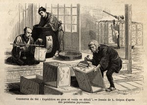 A tea kereskedelme: nagy- és kiskereskedelmi szállítmányozás. Aime Humbert, a Svájci Államszövetség minisztere 1863-1864-es metszete a japán utazás szemléltetésére, megjelent a „Le tour du monde”” 1869-ben, Edouard Charton szerkesztője, Hachette kiadás, Pa alkotó: Unknown artist