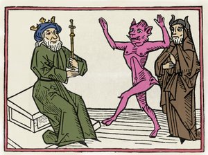 Belial tárgyalása: "" A démon Belial táncol Salamon bíró előtt"" Metszet a "Béliál tárgyalása" című könyvéből, Jacobus de Teramo (vagy Palladino), Ausburg alkotó: Unknown artist