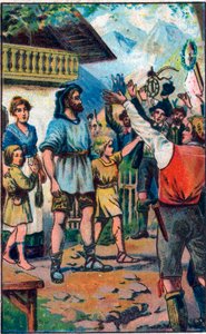Confedere tisztelgése Guillaume Tell (William Tell) (Svájc függetlenségének legendás hőse) előtt A 19. század végének kromolitográfiája. alkotó: Unknown artist