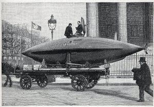 A kísérletekhez szállított „Le Goubet” víz alatti hajó (tengeralattjáró) a párizsi Place de la Madeleine mellett halad el. Metszet a "" La Nature"-be alkotó: Unknown artist