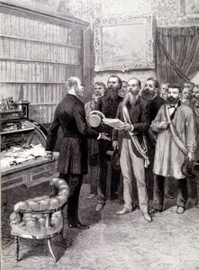 A munkásküldöttek látogatása a Palais Bourbonban (Jules Guesde, Ferroul úr, Baudin úr és Thivrier úr) az elnökség főtitkáránál: Martin úrnál a május 1-i tüntetés során alkotó: Unknown artist