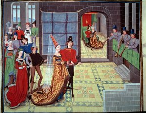 Renaud és Clarisse esküvője, a háttérben a nászéjszakán. Miniatűr Loyset Liedet „Renaud de Montauban” vagy „Les quatre fils Aymon” kéziratából (aktív 1448 és 1478 között). Ms. 5073. 15. századi Bibliotheque de l