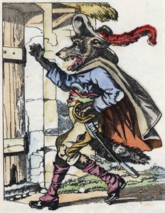 A farkas kopogtat a bikettház ajtaján. A „Compere le Loup, Maitre Renard, Comere la Chevre et ses petits biquets” című mese illusztrációja Jean de la Fontaine meséje után. A „” Mesék otthonról a kicsiknek” c. Névtelen metszet o alkotó: Unknown artist