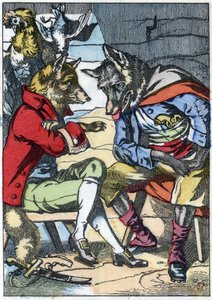 A farkas ismét találkozik a rókával. A „Compere le Loup, Maitre Renard, Comere la Chevre et ses petits biquets” című mese illusztrációja Jean de la Fontaine meséje után. A „” Mesék otthonról a kicsiknek” c. századi névtelen metszet. alkotó: Unknown artist