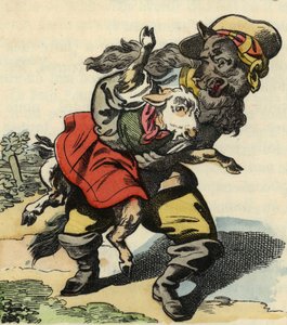 A farkas kisgyerekkel megszökik. A „Bon medor és a kis Chevrette” című mese illusztrációja. A „” Mesék otthonról a kicsiknek” c. századi névtelen metszet. alkotó: Unknown artist